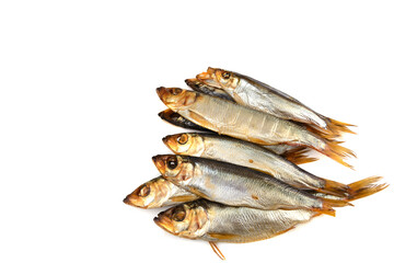 Herring.Delicious hot-smoked Baltic herring on a white isolated background, selective focus.Space for the text .