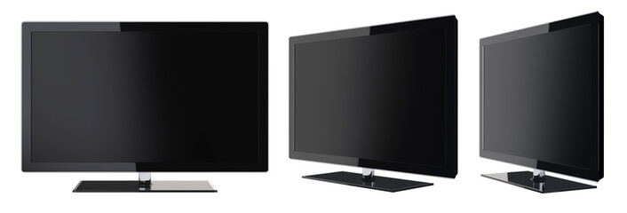 Set of Different Viewing Angles of Modern Black Monitors with Glass Stand. Realistic 3D Rendering of Sleek Screens Isolated on White Background.