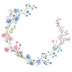 Beautiful floral wreath with watercolor hand drawn gentle spring flowers. Stock illustration.