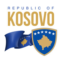 illustration festive banner with state flag of The Republic of Kosovo. Card with flag and coat of arms Happy Republic of Kosovo Day 2021. picture banner February 17 of foundation day