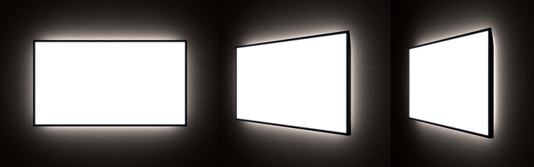 Set of Different Viewing Angles of Blank TV or Ad Screens with Backlight in the Dark on the Wall. 3D Rendering of LCD or LED Flat Panel Monitors.