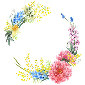 Beautiful floral wreath with watercolor hand drawn gentle summer flowers. Stock illustration.