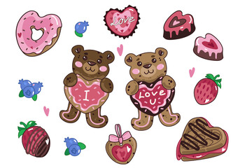 Vector Valentine's day sweets, gingerbread bears, candies, strawberries and blueberries