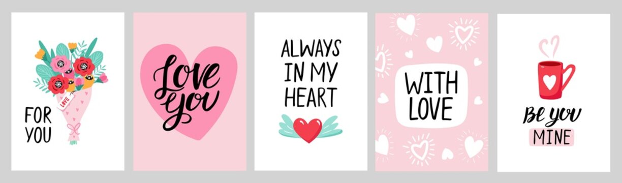 Valentine`s Day card set with hand draw lettering and cute elements. Cards, posters, brochures. Ideal for Valentine`s Day, wedding and birthday. Vector