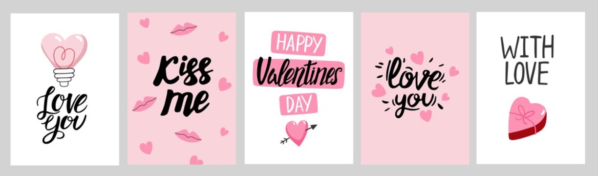 Valentine`s Day Card Set With Hand Draw Lettering And Cute Elements. Cards, Posters, Brochures. Ideal For Valentine`s Day, Wedding And Birthday. Vector