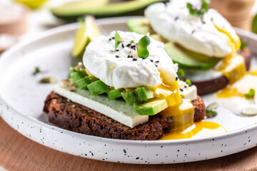 Sandwich with avocado and poached egg. Healthy nutritious paleo keto breakfast concept