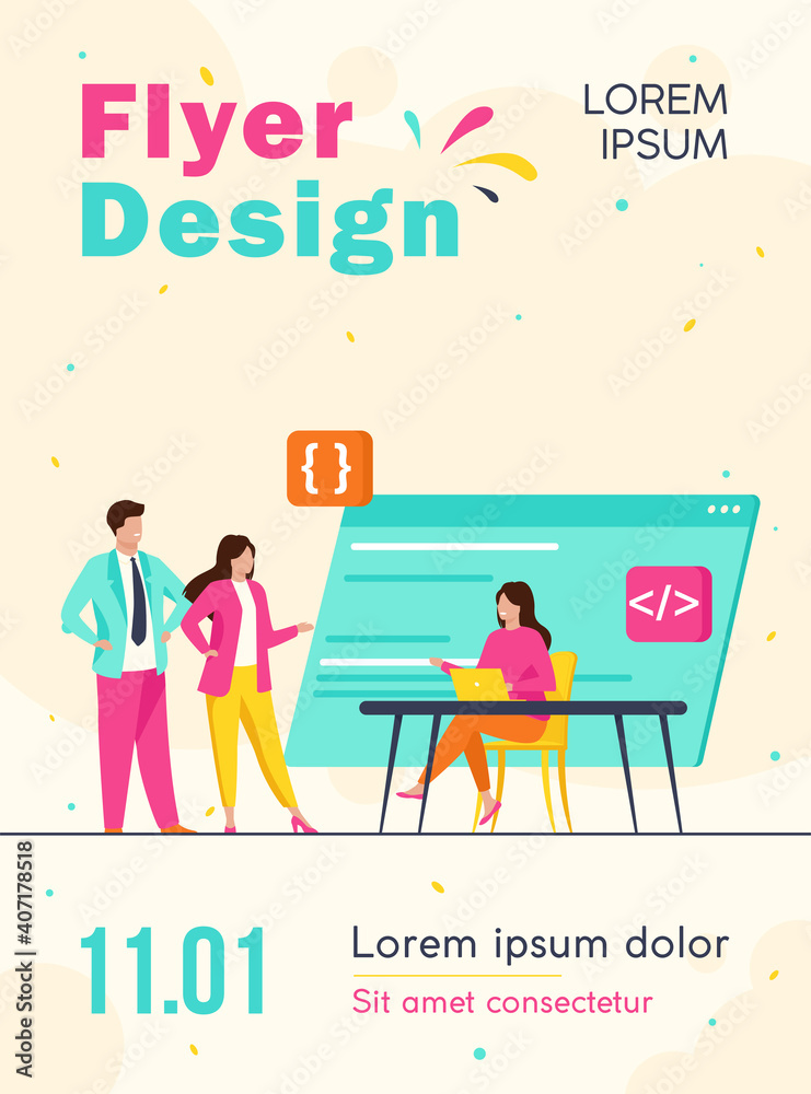 Poster Programmers coding new program. Laptop, code, development flat vector illustration. Programming and digital technology concept for banner, website design or landing web page