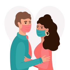 Fototapeta premium Couple in masks are hugging. Couple keep distance. Woman and man are trying to kiss. Vector illustration.