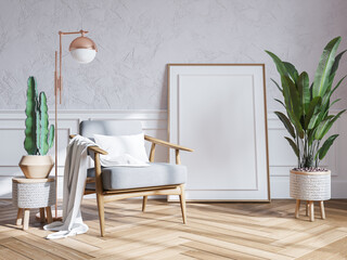 Modern mid century interior of living room , armchairs with plant on white wall ,3d render...