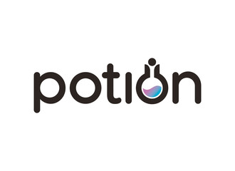 The word POTION with a potion bottle forming the letter O and with the dot from the letter i as the stopper. Vector logo design	