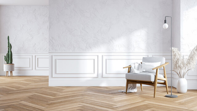 White armchair with on wood flooring and white wall,minimalist interior of living room,3d rendering