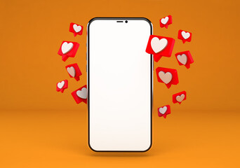 Smartphone with heart icons and blank screen passes its design, isolated from the orange background