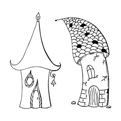  House fabulous childrens gnome cheerful and sad, contour black hand drawing on a white background, doodling. Vector illustration