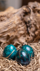 Fototapeta na wymiar Dyed eggs in dark tidewater green tones. Easter festive background, open card, eggs close-up. Table setting for the Easter holiday. Christ is Risen Easter holiday.