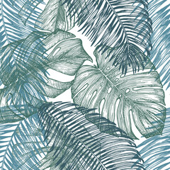Botanical seamless pattern with leaves of tropical plants on white background. Hand-drawn outlines was converted in vector image. Exotic plants mint green colour. Jungle foliage illustration. Paradise