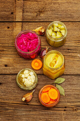 Assorted of fermented vegetables in glass jars