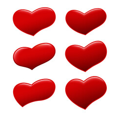 Vector set of volumetric red hearts of different shapes. Logos, valentines, badges, stickers.