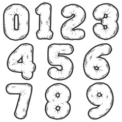 Set of numbers, balloon. Engraving raster illustration. Sketch scratch.