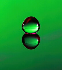 Macro photograph of a Water drop at impact with water on green background.