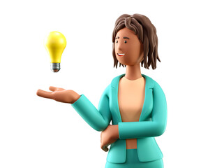 3D illustration of creative african american woman looking at the bulb over hand. Close up portrait of cartoon smiling elegant businesswoman generating ideas, isolated on white background.