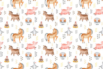 watercolor pattern collection of farm animals and tree houses