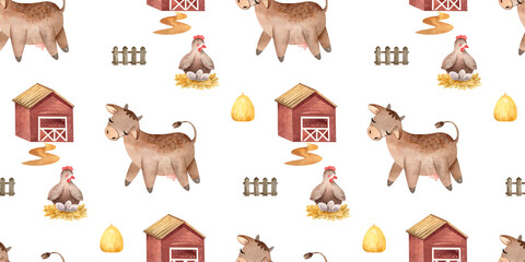 watercolor pattern collection of farm animals and tree houses