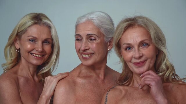 Cinematic footage of three senior women posing in lingerie. Conceptual video about body positivity and self acceptance