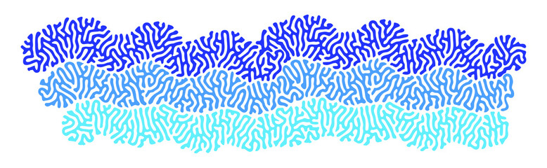 Vector stylized waves, sea. Isolated doodle drawing curve line, corals, natural shape. Blue shades.