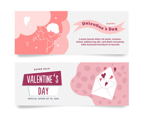 Valentine's Day banners with cupid, hearts and letter. Vector illustration in flat style