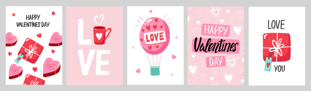 Valentine`s Day card set with hand draw lettering and cute elements. Cards, posters, brochures. Ideal for Valentine`s Day, wedding and birthday. Vector