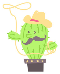 Cactus in cowboy hat with cowboy lasso rodeo. illustration isolated on white