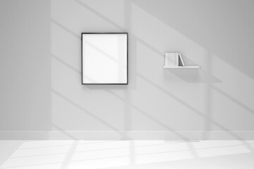 3d image of Empty photo frames hanging on house wall - realistic mockup set of blank picture template in home interior.