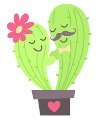 Cactus hug vector illustration. Cute Love Cactuses for Valentine day or design isolated on white