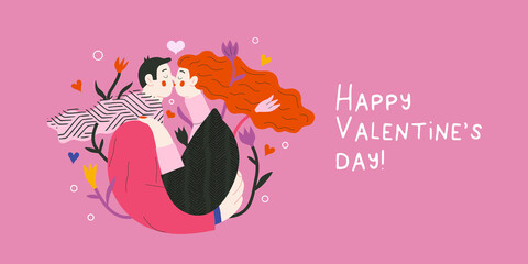 Couple in love - Valentines day graphics. Modern flat vector concept illustration - a young hetoresexual couple kissing and embracing. Hearts and flowers. Cute characters in love concept