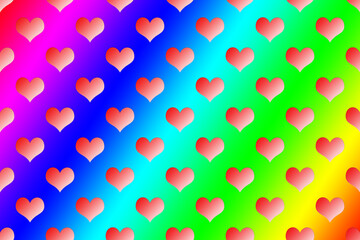 Bright rainbow seamless pattern of red hearts on a rainbow colored background. Background for Valentine's Day. Pattern for gift wrapping paper and design