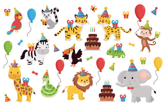 Birthday animals set. Cartoon characters collection with gifts, balloons and cake. Kids party design for greeting, invitation cards. African and jungle animals.