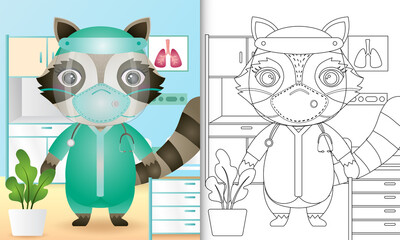 coloring book for kids with a cute raccoon character illustration using medical team costume