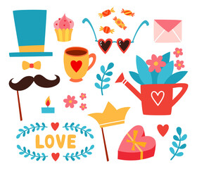 Valentine day stickers with heart, flowers, letters.