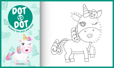 Connect the dots kids game and coloring page with a cute unicorn character illustration