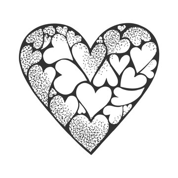 heart made of hearts love symbol of valentine day sketch engraving vector illustration. T-shirt apparel print design. Scratch board imitation. Black and white hand drawn image.