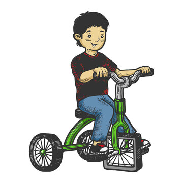 Boy Kid On Children Tricycle With Square Wheels Sketch Color Engraving Vector Illustration. Scratch Board Style Imitation. Hand Drawn Image.