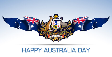 illustration festive banner with state flag of The Commonwealth of Australia. Card with flag and coat of arms Happy Commonwealth of Australia Day 2021. picture banner 26 January 1788 of foundation day