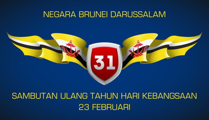 Brunei flag state symbol isolated on background national banner. Greeting card National Independence Day of the State of Brunei Darussalam. Illustration banner with realistic state flag.