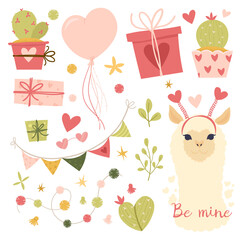 Valentine's day flat illustration. Collection design elements with llama, cactus, lovely flowers, hearts. gifts, balloon, ribbons. Greeting card or invitation in trendy style. Vector illustration