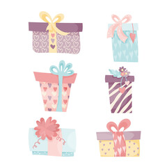 vector illustration set of different gift boxes with ribbons. beautiful boxes in wrapping paper
