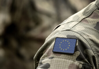 The Flag of Europe on military uniform. Collage.