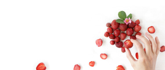 strawberries in hand laying out a heart from berries on the table top view. sweet declaration of love
