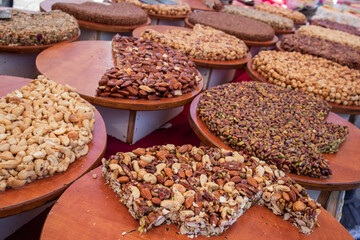 A lot of oriental nut sweets at  a street market 