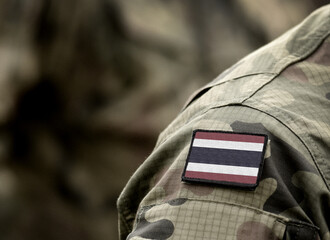 Flag of Thailand on military uniform. Army, soldier. Collage.