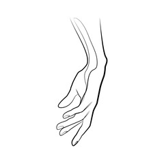 Female hand down in one line. Black line vector illustration on white background